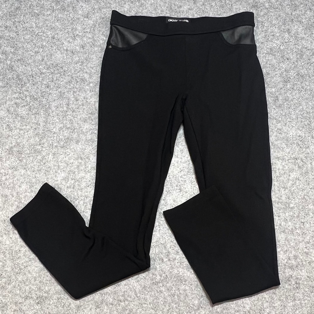 DKNY Jeans Black Faux Leather Trim Ponte Leggings Pull On Pants Womens XS
